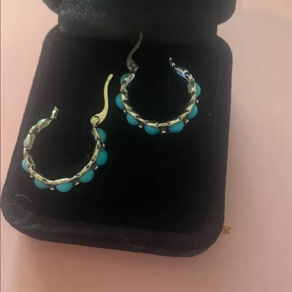 Sleeping Beauty Turquoise Sterling Silver Hoop Earrings - Picture 3 of 3